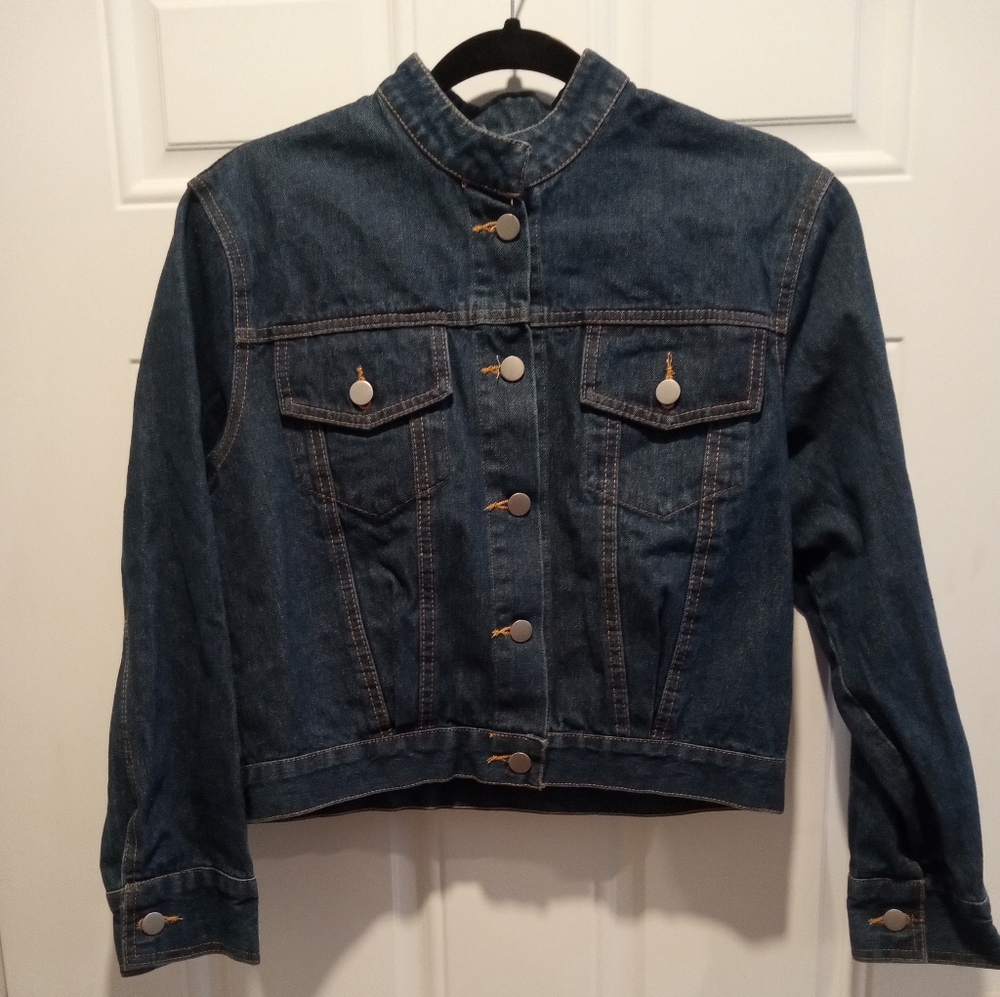 Denim Crop Jacket - Dark Blue Women’s Jean Jacket With Crew Neck